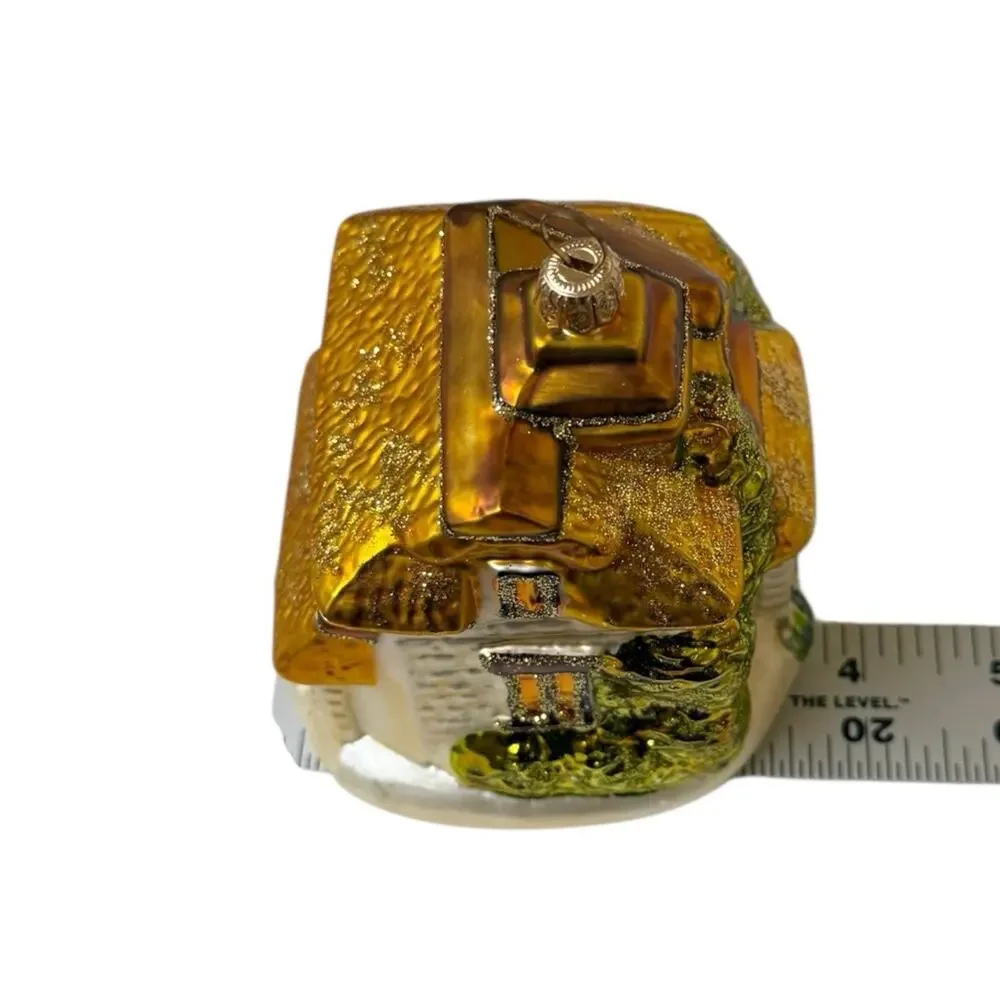Blown Glass Cottage House Ornament‎ Gold White Glitter Large Vintage EUC